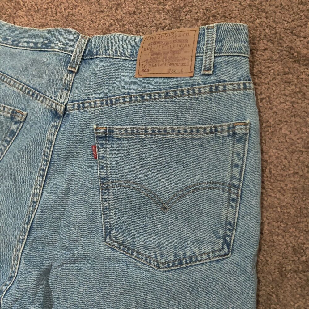 Vintage Levi's 505 Jean Shorts Mens 38 Blue Relaxed Fit Black Bat Wing Y2K Jorts